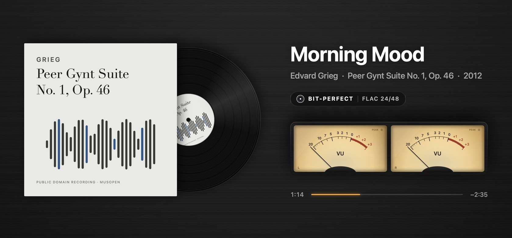 LACQUER playing: a record turning, two VU meters, Bit-perfect FLAC 24/48